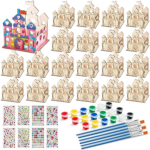 Zhanmai 24 Set Paint Wooden Castle Crafts Kit DIY Princess Castle Wooden Crafts Kit with Paint Brushes and Rhinestone Stickers for Kids Girls Princess Birthday Party Game Activity