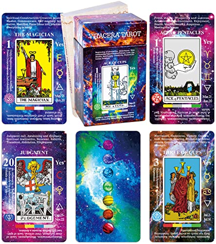 Vitacera Tarot Cards for Beginners , Card Deck with Guidebook, Keywords, Yes or No, Timing, Colors, Musical Pitch, Planet, Zodiac, Element, Chakra, Numerology and Meanings on Them
