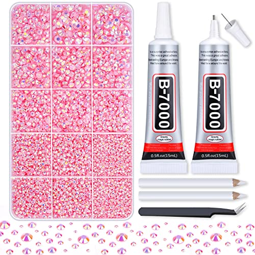 shynek 14000Pcs Flatback Pink Rhinestones with B7000 Adhesive Glue, Non Hotfix AB Color Jelly Resin Rhinestones Gems with Tweezer & Picker Pens for Shoes, Tumblers, Clothes Decoration