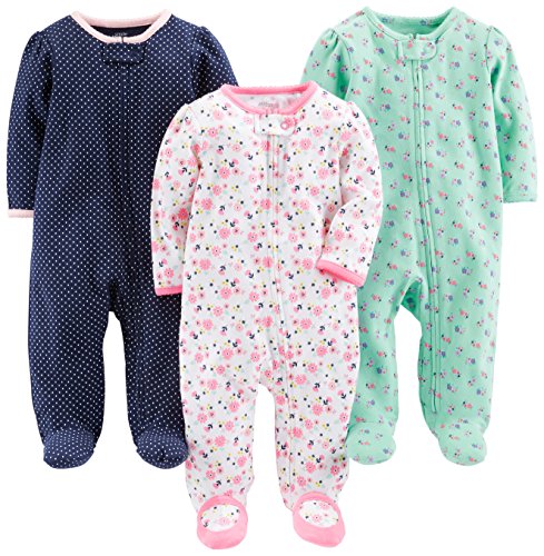 Simple Joys by Carter's Baby Girls' 3-Pack Sleep and Play, Mint Green Floral/Navy Dots/White Flowers, Newborn