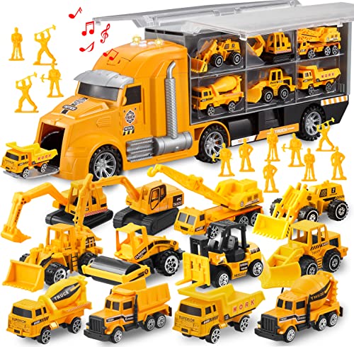 JOYIN 25 in 1 Die-cast Construction Play Vehicle Set, Vehicles with Sounds and Lights in Carrier Truck, Push and Go Car Toy, Kids Birthday Gifts for Over 3 Years Old Boys