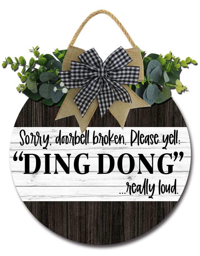 Isaric Funny Door Sign Doorbell Broken Yell Ding Dong Really Loud Porch Door Decor Farmhouse Front Door Wreath Rustic Style - Round Hanging Welcome Sign Home Decor Outdoor Indoor Housewarming Gift 12''x 12''