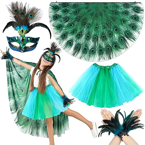 Hicarer 4 Pcs Peacock Costume Includes Peacock Bird Wings Mardi Gras Mask Tutu Skirt Feather Cuffs for Girls Masquerade Venetian Carnival Cosplay Dress up Party, 3-10 Years