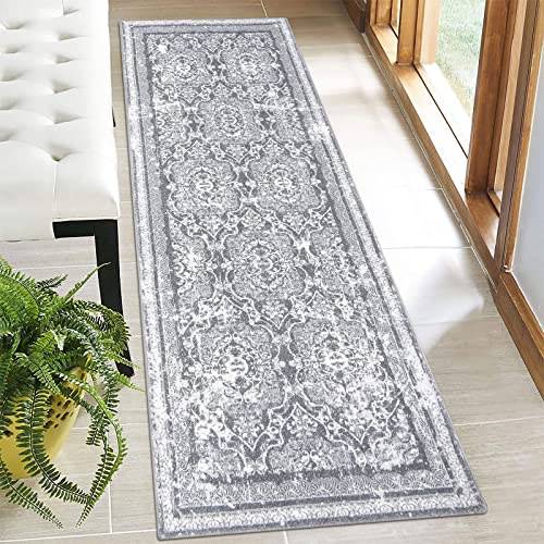 Vaukki Hallway Runner Rug, Vintage Shaggy Soft Laundry Rug Runner, Non Slip Entryway Mat, Washable Farmhouse Kitchen Area Carpet for Bathroom, and Bedroom (2' X 6', Grey)