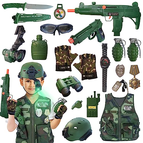 20 Piece Army Costume for Kids, Soldier Military Dress up for Boys 3-10, Kids Army Gear Role Play, Halloween Costume Camouflage Set with Vest, Camo Gloves, Helmet, Halloween Christmas Gift for Kids