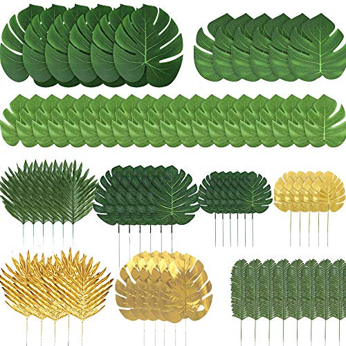 72 Pieces 10 Kinds Artificial Palm Leaves Golden Tropical Leaves with Stems Jungle Leaves Decorations for Hawaiian Luau Party Beach Baby Shower Wedding Birthday