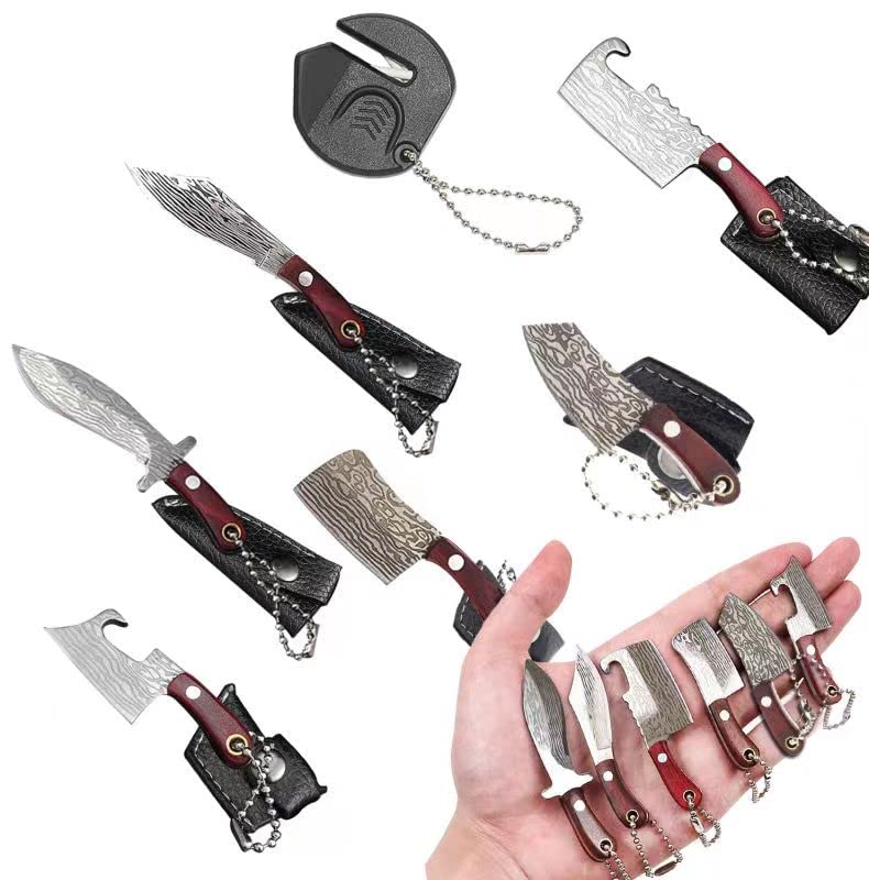 Damascus Pocket Knife Set Mini Chef Knife with Sheath, Tiny Knife EDC Knives Small Knife Cleaver, Package Opener, Box Cutter Bottle Opener Keychain Tiny Things with Pocket Knife Sharpener - Set of 7