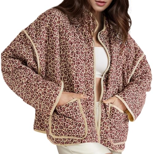 Wyeysyt Women's Cropped Puffer Jacket Lightweight Floral Print Long Sleeve Padded Quilted Puffy Cardigan Coat (Red-S)