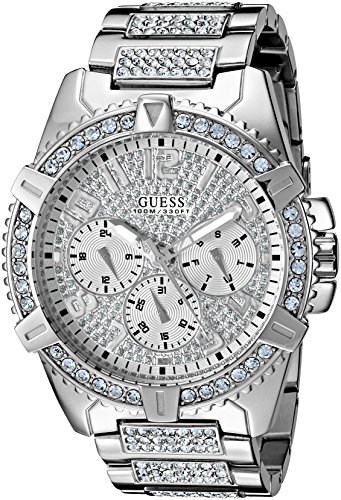 GUESS Stainless Steel Crystal Embellished Bracelet Watch with Day, Date + 24 Hour Military/Int'l Time. Color: Silver-Tone (Model: U0799G1)