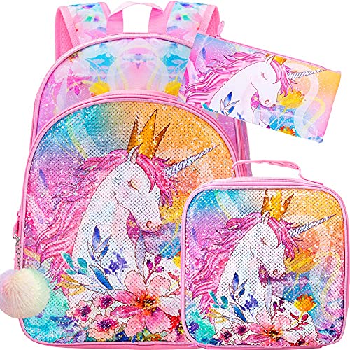 WZLVO 3PCS Unicorn Backpack for Girls, 16' Kids Sequin School Bookbag and Lunch Box for Elementary Toddler
