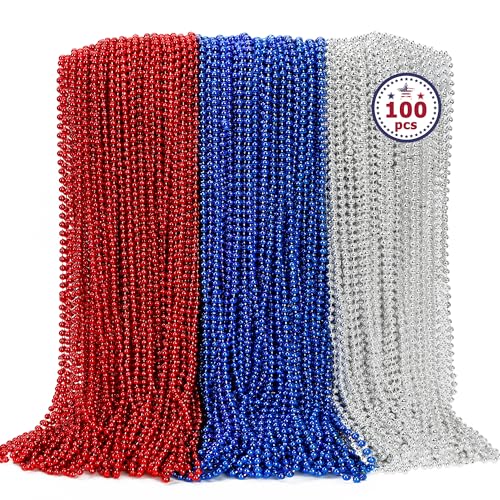 100PCS 4th of July Accessories, Independence Day Beads Necklace Bulk, Fourth of July Red Blue Silver Necklace Party Favors, 4th of July Beads for Patriotic Parade Party Celebration Favors Decorations