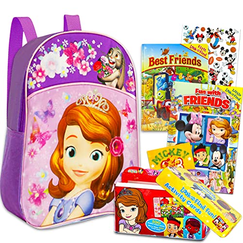 Sofia the First Mini Backpack - Bundle with 11 Inch Sofia the First Backpack, Disney Look and Find Activity Cards Tin Lunch Box with 2 Disney Hidden Pictures Board Booklets