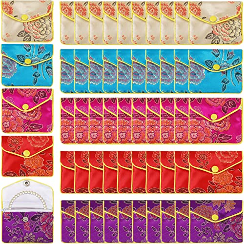 Zhengmy 50 Pcs Jewelry Silk Purse Pouch Gift Bags Bulk, Small Chinese Style Brocade Embroidered Bag with Zipper Snap for Women Girls Necklaces Earrings Bracelets