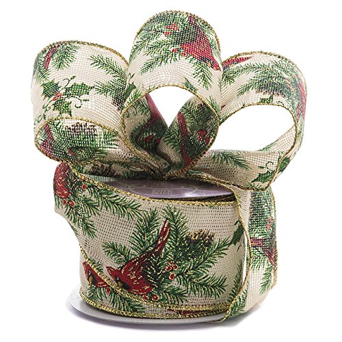 Paper Mart Cardinal and Holly Wired Ribbon, 2.5 Inches Wide x 10 Yards, Thick Holiday Ribbon for Gift Wrap and Crafting