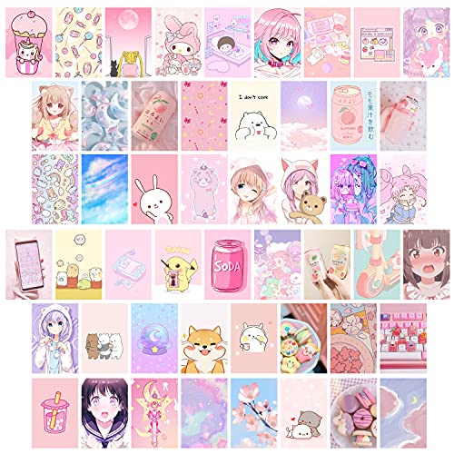 L1rabe 50Pcs Kawai Anime Aesthetic Picture Wall Collage Kit Pink Cartoon Assembled Print Card Set, School Dorm Photo Poster Display Trendy Style, Sweet Girls Room Decor Cute Collage Kit New Year Gifts