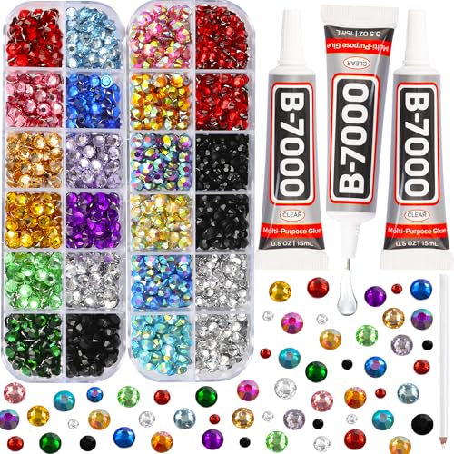 b7000 Glue with 11000Pcs Multicolored Rhinestones Flatback for Crafts Clothing Clothes Fabric Crafting Tumblers, Bedazzler Kit with Multi Colorful Gems Rainbow Flat Back Crystal 2-5mm Assorted Colored