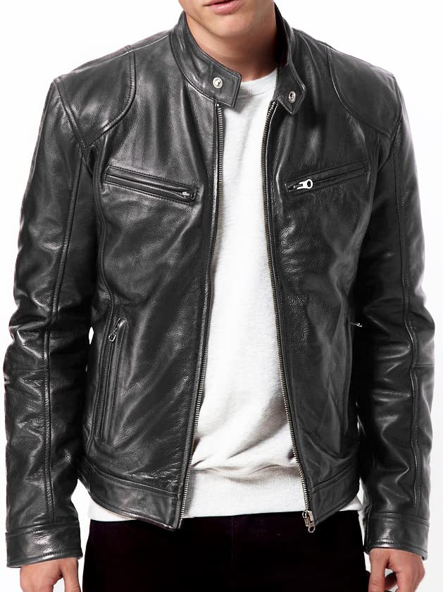 DECIMAL Men's Black Genuine Lambskin Leather Biker Jacket VINTAGE REAL BROWN MOTORCYCLE JACKETS FOR MEN (L, BLACK)