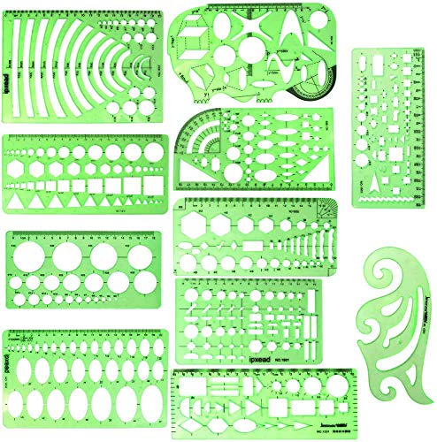 ipxead 11 Piece Geometric Drawing Template Measuring Ruler, Transparent Green Plastic Ruler with Portable Plastic Bag for, for Studying, Designing and Building