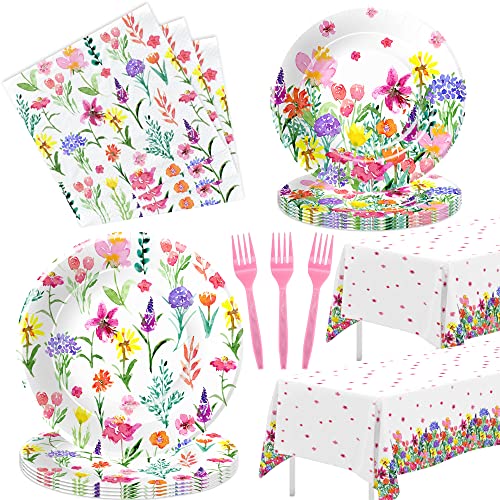 Xigejob Wildflower Party Decorations Tableware - Floral Plates & Napkins Party Supplies, Plate, Napkin, Tablecloth, Spring Summer Flower Party Supplies For Birthday, Baby Shower, Tea Party | Serve 24