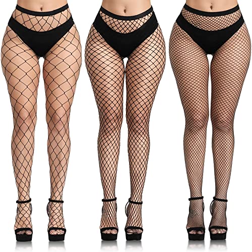 Buauty 3 pcs black fishnet stockings for women, fishnet tights plus size one size fit all