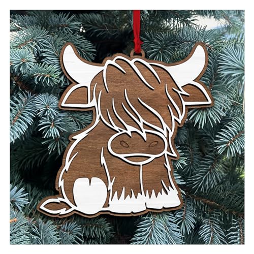Hyturtle Highland Cow Christmas Ornament Gifts for Cow Lover - Highland Cow Christmas Wood Ornament - Cute Farm Animal Lover Gifts for Women, Girls On Birthday - Xmas Tree Hanging Decoration
