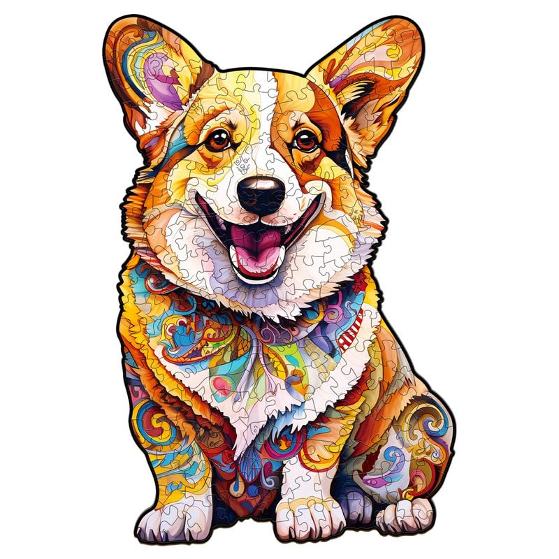 Jigfoxy Wooden Puzzles for Adults, Clever Corgi Wooden Jigsaw Puzzles for Adults, Unique Animal Shape Wood Cut Puzzles for Puzzle Lovers, Birthday Gifts for Family Friend (S-8.4 * 5.6in-90pcs)