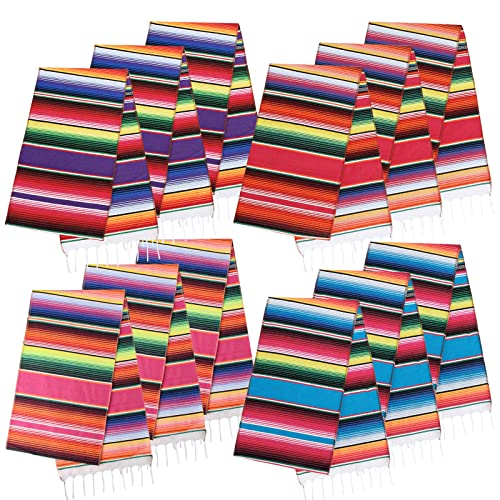 Holicolor Mexican Table Runner, 12 Pack 14 x 100 Inch 4 Colors Serape Table Runner, Mexican Party Decorations (Pink Purple Red Blue)