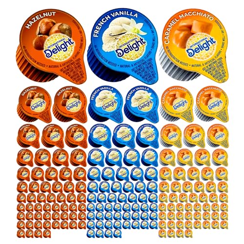 International Delight Coffee Creamers Liquid Non-Dairy Creamer Singles Variety Pack, Caramel Macchiato, French Vanilla, & Hazelnut - Non Dairy, No Refrigeration - Box Of 150 World Group Packing Solutions