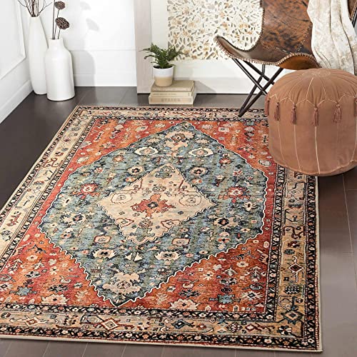 Lahome Boho Tribal Area Rug - 3x5 Distressed Entry Throw Rug Bohemian Faux Wool Indoor Accent Rug Non-Slip Washable Low-Pile Carpet for Entrance Living Room Bedroom Dining Table