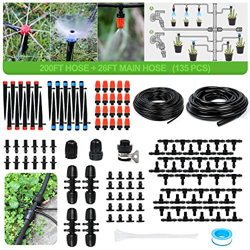 MIXC 226FT Greenhouse Micro Drip Irrigation Kit Automatic Irrigation System Patio Misting Plant Watering System with 1/4 inch 1/2 inch Irrigation Tubing Hose Adjustable Nozzle Emitters Barbed Fittings