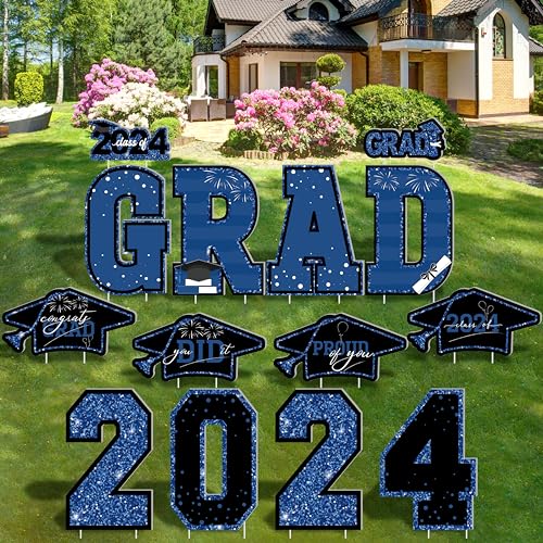 14 PCS Graduation Yard Signs, Blue Graduation Class of 2024 Yard Sign, Congratulations Graduation Decorations Congrats Grad Signs for School College 2024 Graduation Decorations Party Supplies