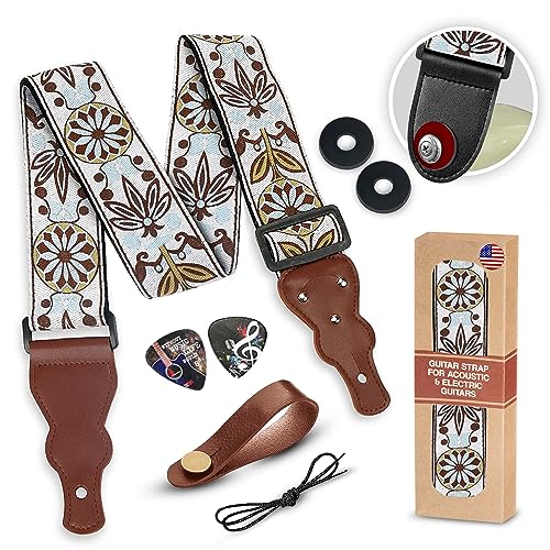 Art Tribute Guitar Strap For Acoustic, Electric and Bass Guitars, White Vintage Woven Embroidered Adjustable Strap Includes 2 Strap Locks & 2 Picks Pick Pocket