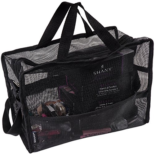 SHANY Collapsible Makeup Tools Travel Mesh Bag – Large See-Thru Travel Tote with Shoulder Straps – Water-Resistant with Zippered Pockets – Black