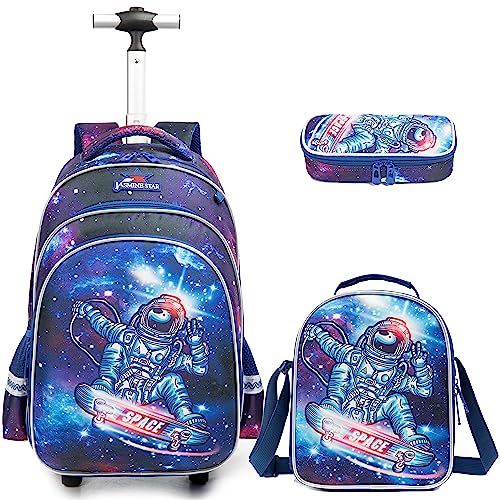 Egchescebo Kids Astronaut Rolling Backpack for Boys Suitcases Trolley Backpacks with Wheels Roller Luggage Backpacks on Wheels with Lunch Box Pencil Case for Elementary Boys Travel school Bag Blue