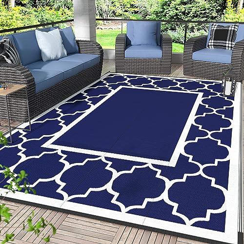 GENIMO 5' x 8' Outdoor Rug Waterproof for Patio Decor, Foldable Reversible Plastic Straw Area Rugs Mat for Camper, Outside Carpet for Rv, Deck, Porch, Picnic, Beach, Balcony, Blue & White