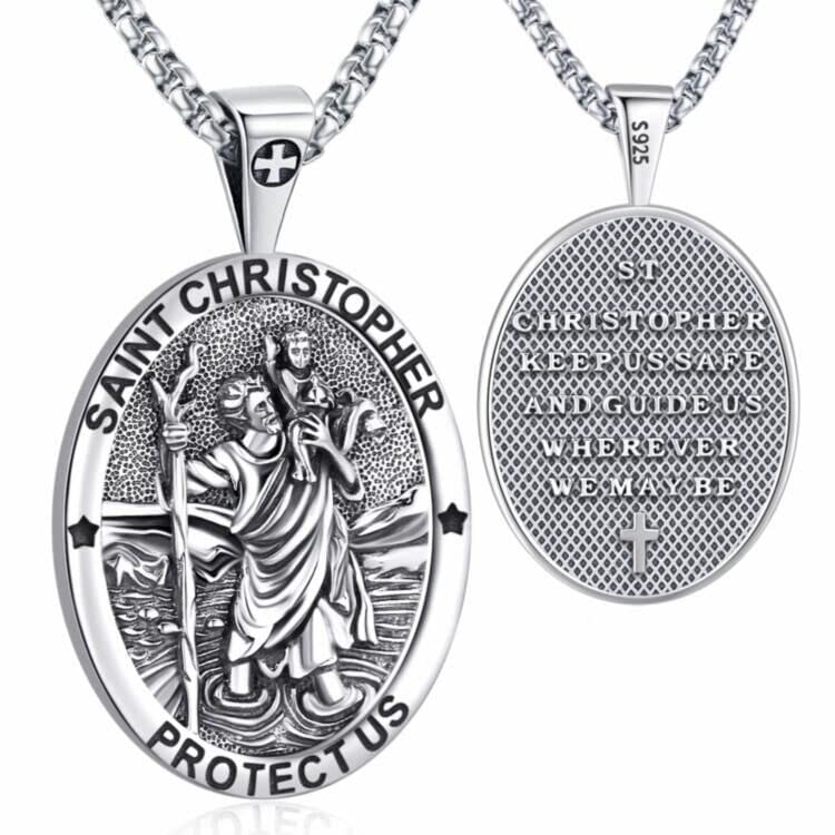 Eusense St Christopher Necklace for men saint christopher medal women female male Sterling Silver 925 oval large st. christopher pendant Medallion Metal 24 inch chain