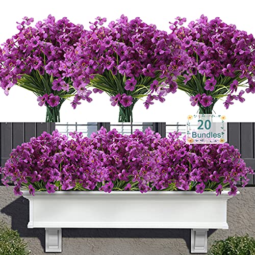 Satefello 20 Bundles Outdoor Artificial Flowers, UV Resistant Fake Flowers with Plastic Plants, Faux Silk Flowers for Outside Window Box Front Porch Hanging Planter Decor-Purple
