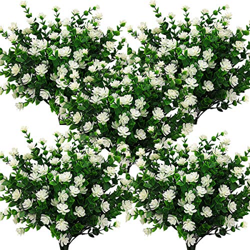 Grunyia 10 Bundles Artificial Fake Flowers, Faux Outdoor Plastic Plants UV Resistant Shrubs Outside Indoor Decorations (White-Eucalyptus)