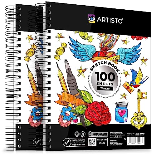 Artisto 9x12' Premium Sketch Book Set, Spiral Bound, Pack of 2, 200 Sheets (100g/m2), Acid-Free Drawing Paper, Ideal for Kids, Teens & Adults.