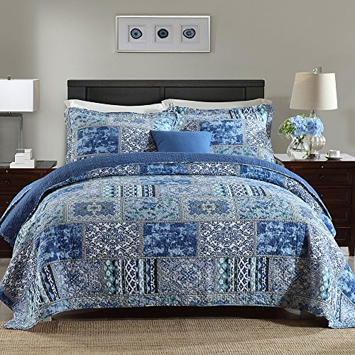 NEWLAKE Cotton Bedspread Quilt Sets-Reversible Patchwork Coverlet Set, Blue Classic Bohemian Pattern,Queen Size