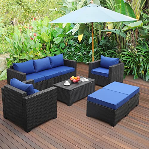 6 Pieces Patio Wicker Furniture Set Outdoor PE Rattan Conversation Couch Sectional Chair Sofa Set with Royal Blue Cushions