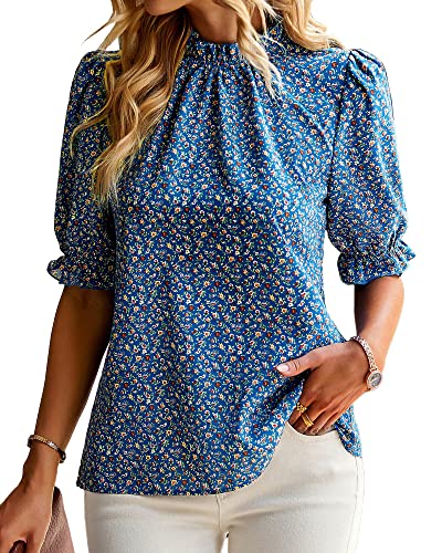 BTFBM Women's Summer Boho Shirt Top Ruffle Short Sleeve Frill Trim Mock Neck Floral Print 2024 Casual Blouses Shirts Tops(Floral Blue, X-Large)