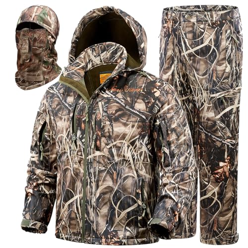 NEW VIEW Quiet Hunting Clothes for Men with 11 Pockets, Fleece-lined Water Resistant Camo Jacket and Pants