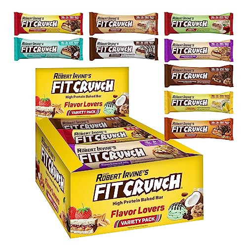 FITCRUNCH Snack Size Protein Bars, Designed by Robert Irvine, World’s Only 6-Layer Baked Bar, Just 3g of Sugar & Soft Cake Core (9 Bars, Flavor Lovers