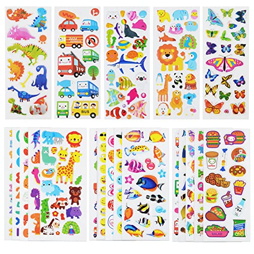 24 Sheets(500+) 3D Puffy Stickers for Toddlers Kids, Bulk Preschool Sticker Sheets for Reward, Craft, Scrapbooking Including Animal, Fruits, Dinosaurs, Fish and More