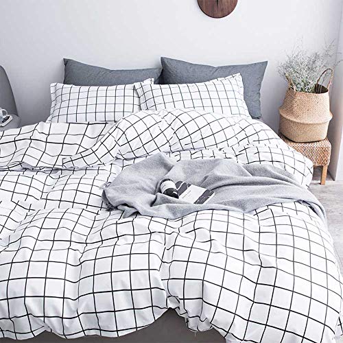 NANKO Queen Duvet Cover Set Grid, 90x90 Soft Bedding Cover, Luxury Cool Lightweight Microfiber 3pc Set (1 Cover 2 Pillowcase) with Zip,Tie - Modern Style Preppy Room Decor Bed Quilt Cover, Plaid White