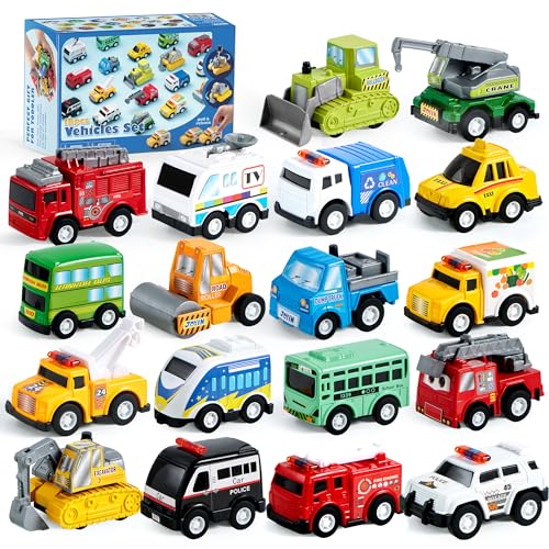 JOYIN 18 Pcs Pull Back City Cars and Trucks Toy Vehicles Set, Friction Powered Cars Toys for Toddlers, Boys, Girls’ Educational Play, Goodie Bags Easter Basket Stuffers