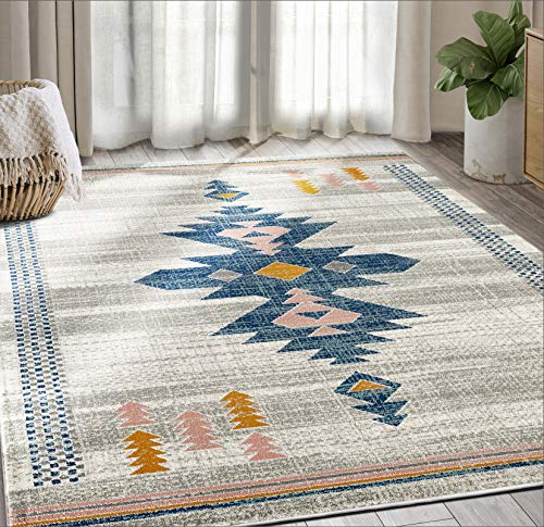 Abani Porto Collection 4' x 6' Southwestern Area Rug, Rectangular Turkish Beige & Blue Tribal Print Accent Rug Rugs