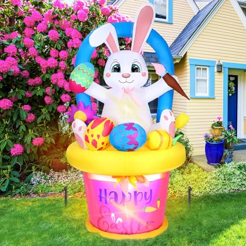PullCrease 6.9ft Easter Inflatables Decoration Easter Inflatables Bunny with Basket and Easter Eggs Build in LED Lights Easter Blow up Decoration for Easter Holiday Party Outdoor Garden Yard Decor