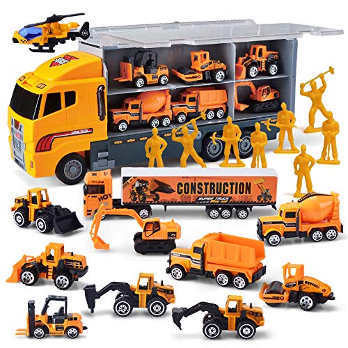 JOYIN 19 in 1 Die-cast Construction Toy Truck with Little Figures, Mini Construction Vehicles in Big Carrier Truck, Patrol Rescue Helicopter for Boys 3-9 Years Old, Kids Value Birthday Easter Gifts